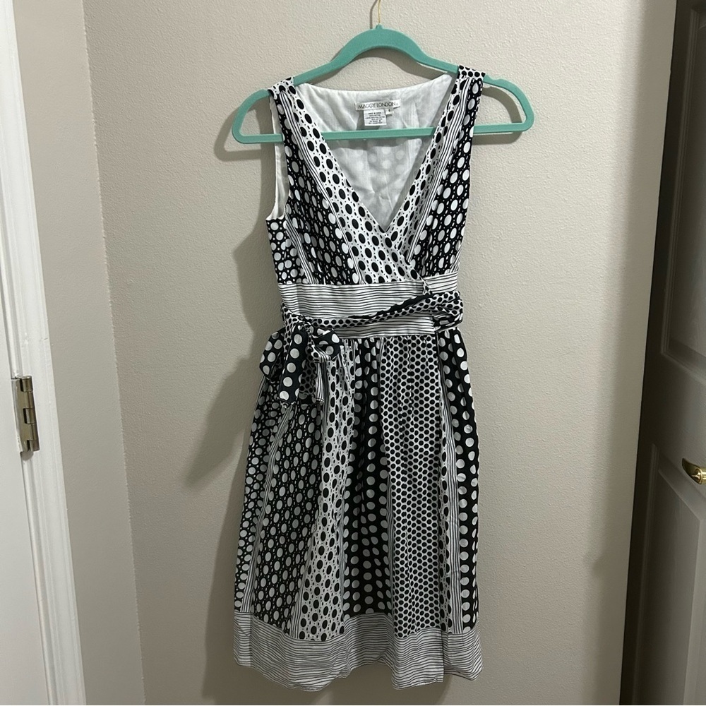 Maggy London True Wrap Strapless Polka Dot Dress Cotton Black and White Sz. 6